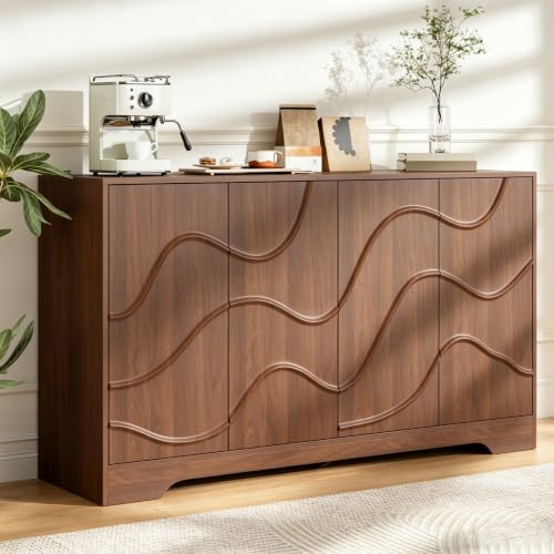Godchoices 56" Sideboard Buffet Cabinet with Storage, Modern Accent Credenza with Wavy Doors & Adjustable Shelf, Console Cabinet for Kitchen,Living Room,Dining Room,Entryway,Hallway - color: 56" Walnut