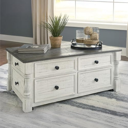 Signature Design by Ashley Havalance Lift-Top Coffee Table with Storage | Pine wood, Pine veneer and engineered wood, Two-tone distressed finish, 4 storage drawers, Casters, White and gray