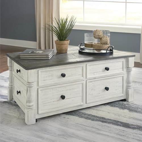 Signature Design by Ashley Havalance Lift-Top Coffee Table with Storage | Pine wood, Pine veneer and engineered wood, Two-tone distressed finish, 4 storage drawers, Casters, White and gray