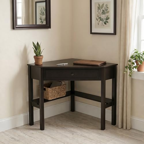 Ellen Wood Small Corner Desk with Wooden Knob Storage Drawer and Shelf – Compact Computer Table for Home Office, Bedroom, or Study, Espresso - color: Espresso