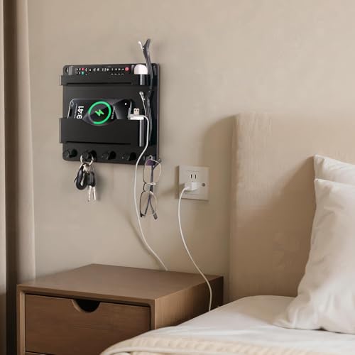 Bedside Wall Shelf with Glasses Hooks ，Adhesive Bedside Organizer Wall Mount for Dorm and Room Accessories Phone，Remote，Earphone， Kindle (Black) - color: Black