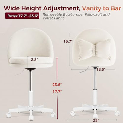 GTPLAYER Velvet Tall Office Chair with Wheels Vanity Chairs with Back, Versatile Height Use: Office to Bar Stools Small Ergonomic Comfy Armlees Computer Desk Chair with Bow Lumbar Pillow for Gift - color: Ve-white