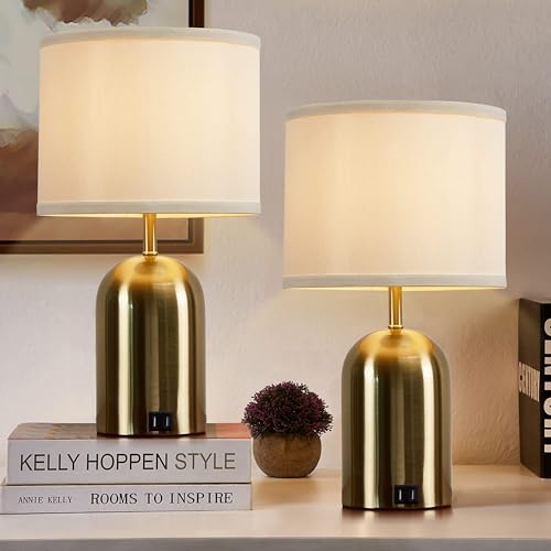 Touch Control Table Lamps Set of 2, Gold Bedside Table Lamps for Bedroom Living Room Office, Modern Dimmable Desk Lamp for Nightstand with 2 USB Charging Ports, 2 Bulbs Included - color: Gold 2, size: 18"