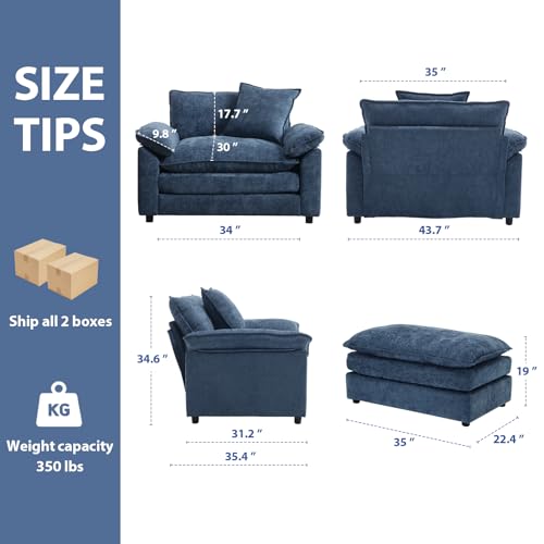 Oversized Chair with Ottoman, Comfy Chenille Accent Chair Large Upholstered Armchair with Thick and Deep Seat Lounge Chair for Living Room,Bedroom,Apartment, Blue - color: Blue, size: 1(chair+ottoman)