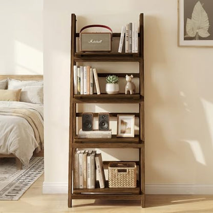 Ladder Shelf 4-Tier Foldable Solid Wood Bookshelf Plant Stand | Folding Wooden Ladder Bookshelf, Plant Stand for Small Space, Display Rack for Living Room, Bedroom, Balcony, Rustic Brown - color: 4-tier/Dark Brown