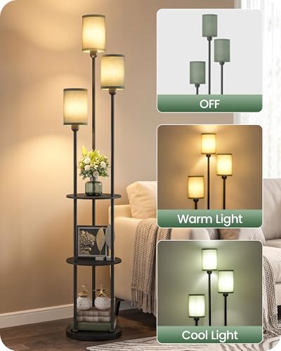 Floor Lamp with Shelves, Modern Floor Lamp with 3 Linen Shades and Foot Switch, 3-Light Standing Lamp, for Living Room, Bedroom, Study, Office, Black and Green J53LD05 - color: Black + Green