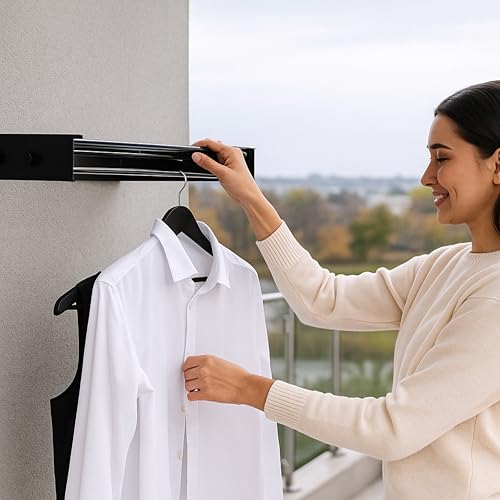 Wall Mounted Drying Racks for Laundry (31.5 Inches Wide) – Retractable Clothes Drying Rack wall Mounted with Carbon Steel Panel 6 Knobs & 5 Aluminium rods, Wall Drying Rack with Screws (Black) - color: Black