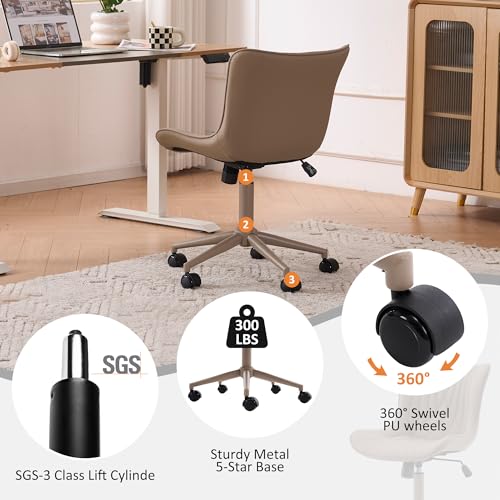 YOUTASTE All Khaki Office Chair, Modern Armless Desk Chair with Back, Adjustable Swivel Rolling Faux Leather Task Chair with Wheels Metal Base for Home Office, Study, or Vanity - color: All Khaki