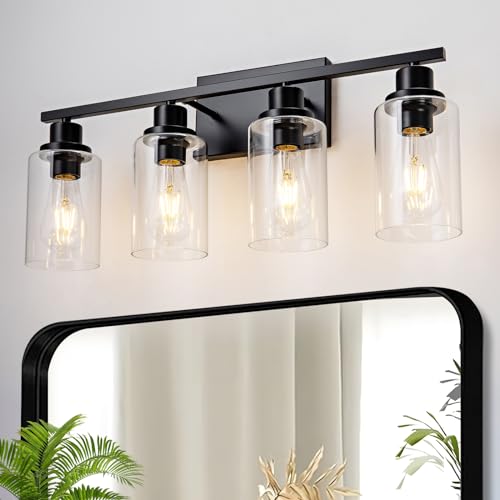4 Light Black Bathroom Vanity Light Fixture Over Mirror Modern Farmhouse Wall Lighting Sconces Industrial Wall Lamp for Bathroom Bedroom Living Room E26 Socket with Glass Shade - color: Black, size: 4 Light