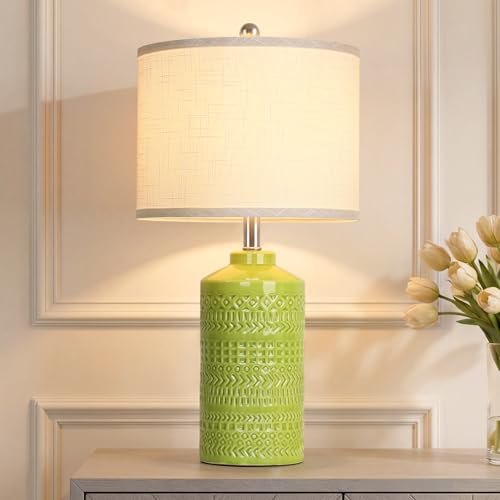 JUNNAI Light Green Ceramic Table Lamp 25 inch 3-Way Dimmable Nightstand Lamp with White Linen Shade Bedside Lamp for Living Room Bedroom Office Reading (Bulb Included) - color: Light Green