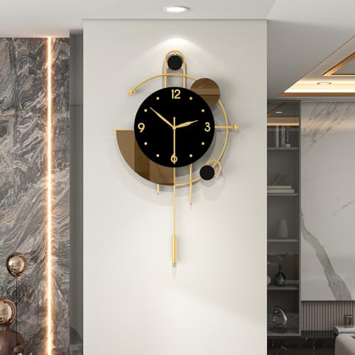Large Modern Gold Metal Pendulum Wall Clock for Living Room Decor | Decorative Black Wall Clock Battery Operated Non Ticking Silent Quality Quartz Clock for Kitchen Office Bedroom,13x22inch - color: Gold