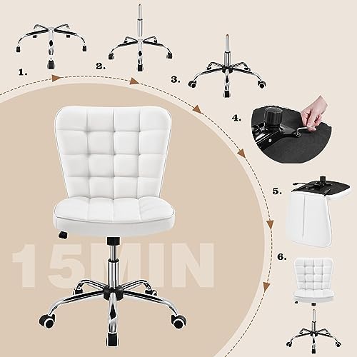 Yaheetech White Tufted Armless Office Desk Chair with Wheels, Faux Leather | Thick foam cushioned seat tilts back to relax, lifts 18-22 in, spins 360 degrees, holds 300 lb, and assembles with ease. - color: White
