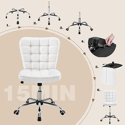Yaheetech White Tufted Armless Office Desk Chair with Wheels, Faux Leather | Thick foam cushioned seat tilts back to relax, lifts 18-22 in, spins 360 degrees, holds 300 lb, and assembles with ease. - color: White
