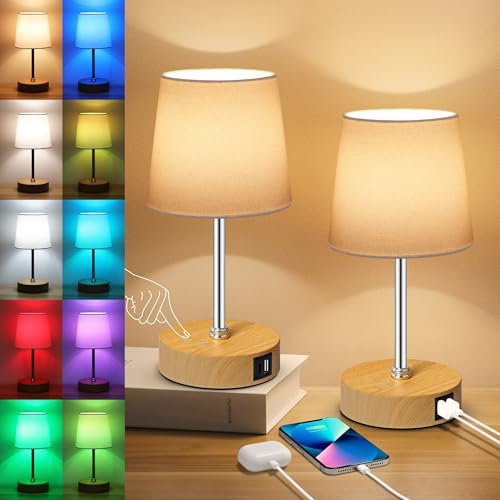 Ascher Small Bedside Table lamp Set of 2, RGB Color Changing Lamps, 3 Color Temperatures, Stepless Dimmable, Nightstand Lamp with USB C+A Ports for Bedroom Living Room, (White Shade, Wood Grain Base) - color: Wood Grain Base & White Shade - 2 Pack, size: