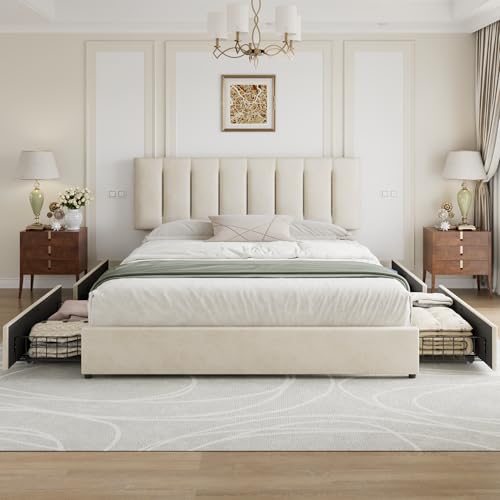 VECELO King Size Bed Frame with 4 Storage Drawers, Adjustable Height Headboard, Heavy-Duty Bedframe with Strong Wooden Slats, No Box Spring Needed, Pale Beige - color: Pale Beige, size: King, style: Bed Frame With Drawers