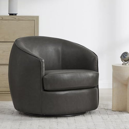 CHITA Leather Barrel Swivel Accent Chair, Wood Frame, Fully Assembled, Grey | Modern Armchair with FSC Certified Wood Frame, Living Room Chair for bedroom & office, 31.5"Dx32.3"Wx28.7"H, 350 Lbs Capacity - color: Grey - Faux Leather