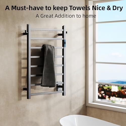 P&Dlusir EL18 Towel Warmer, 8 Bar, Matte Black | Heated Towel Rack, Fast Heat & Fast Dry, Smart Timer & Thermo Control, Stainless Steel, Hard-Wired/Plug-in - color: Matte Black, size: 8 Bar