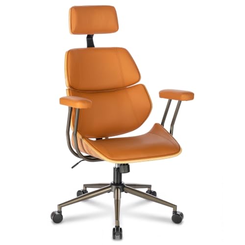 Mid Century Walnut PU Leather High Back Office Chair with Headrest, Brown | Curved walnut back & seat, high-back with headrest, PU leather, padded armrests, executive swivel & rolling for home office - color: Brown, size: 2-Section Back / Headrest