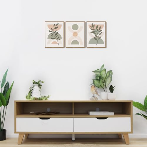 Boho Green Botanical Framed Canvas Wall Art Set of 3, 12x16 inch | Mid Century Abstract Wall Decor, Green Botanical Geometric Prints, Bedroom Living Room Bathroom Art - color: Boho Green, size: 12"x16"Natural