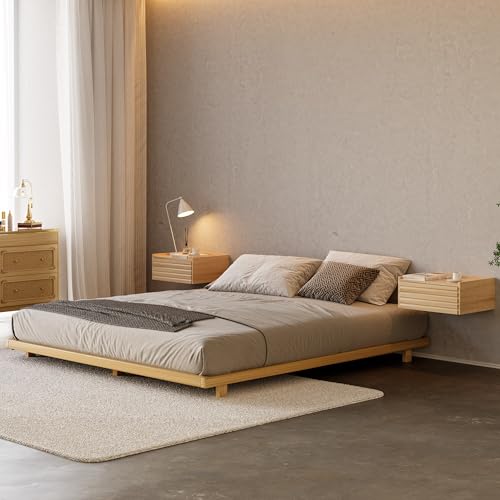 homary Floating Wooden Nightstand with Light & Charging Station, Wall Mounted Nightstand with Drawer, Wireless Charging, USB Ports, Modern Natural Floating Bedside Table for Bedroom