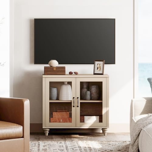 WAMPAT Farmhouse TV Stand for TVs Up to 43 inch with 4 Glass Doors, Beige | Wood Universal TV Stand Cabinets with Adjustable shelves, Entertainment Center TV Console Table for Living Room, Bedroom - color: Beige-a, size: 1