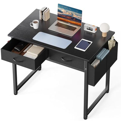 DUMOS 32" Home Office Computer Desk with Drawers, Small Gaming Writing Study Table with Storage Side Bag, Headphone Hook and Adjustable Feet for Bedroom Black | Home Office Desk with Side Bag for Bedroom, Gaming Writing Study Desk with Adjustable Feet - c