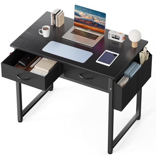 DUMOS 32" Home Office Computer Desk with Drawers, Small Gaming Writing Study Table with Storage Side Bag, Headphone Hook and Adjustable Feet for Bedroom Black | Home Office Desk with Side Bag for Bedroom, Gaming Writing Study Desk with Adjustable Feet - c