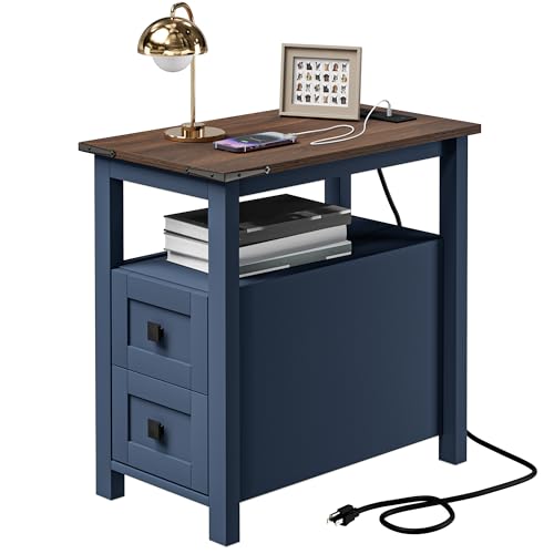 VVFLU Farmhouse End Table with Charging Station and 2 Storage Drawers, Blue Wood Nightstand Narrow, Skinny Side Table Rustic, Slim Bedside Table, Open Shelf, Small for Bedroom, Living Room, Sofa - color: Blue/Wood