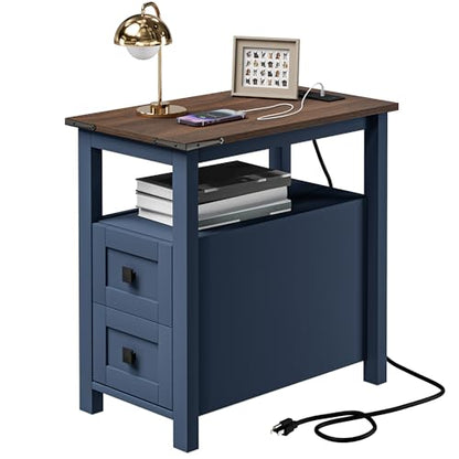 VVFLU Farmhouse End Table with Charging Station and 2 Storage Drawers, Blue Wood Nightstand Narrow, Skinny Side Table Rustic, Slim Bedside Table, Open Shelf, Small for Bedroom, Living Room, Sofa - color: Blue/Wood