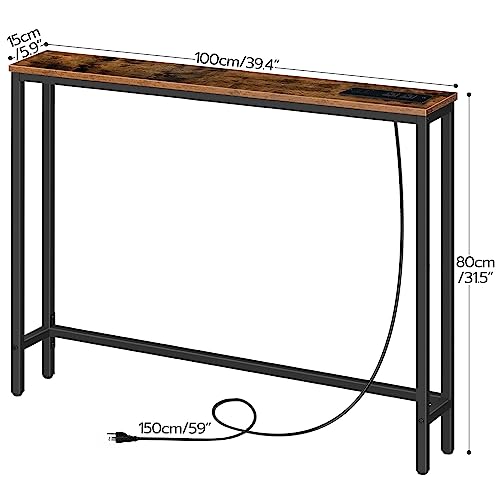 HOOBRO 39.4" Skinny Console Table with Power Outlet, 5.9" Behind Couch Table with Charging Station, Narrow Sofa Table, Long and Thin Table for Entryway, Living Room, Rustic Brown BF51UXG01 - color: Rustic Brown + Black, size: 39.4"L x 5.9"W x 31.5"H