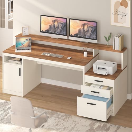 65" Computer Desk with 3 Drawers & Printer Shelf for Home Office | Office Desk with Printer Shelf & File Drawer, Executive Desk Writing Study Table with Monitor Stand, Brown & White - color: Antique White