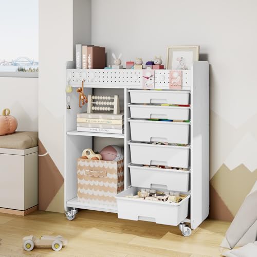 Rolling Craft Cart with 6 Drawers, Pegboard and Locking Wheels White | Ample multi-zone storage, 2 open shelves, art cart for classrooms, homeschool and offices, sturdy wood-metal frame - color: White