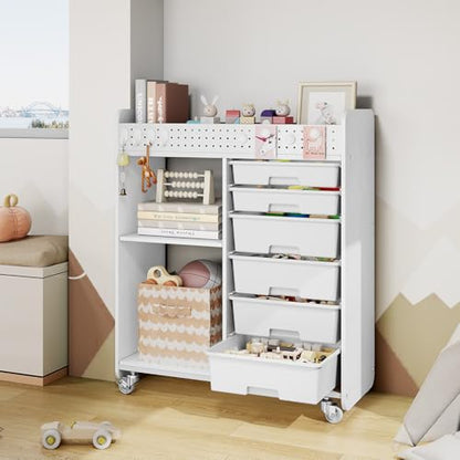 Rolling Craft Cart with 6 Drawers, Pegboard and Locking Wheels White | Ample multi-zone storage, 2 open shelves, art cart for classrooms, homeschool and offices, sturdy wood-metal frame - color: White