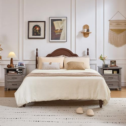 Farmhouse Night Stand with Charging Station, Grey | 2 Drawers End Tables Bedroom, Bedside Table with Metal Handles & Solid Wood Foot & Open Shelf - color: Grey