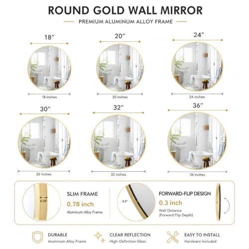 Garvee 36 Inch Round Wall Mirror Gold Metal Frame Circle Mirror Bathroom Decor - color: Gold, size: 36"L x 36"W