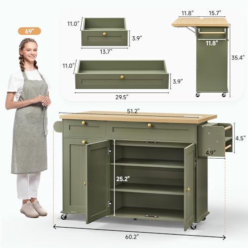 60" Kitchen Island with Power Outlet & Drop Leaf, Rolling Island with Spice Rack & Towel Rack, Kitchen Island Cart with Trash Storage Cabinet, Island Table for Kitchen, Green - color: Green