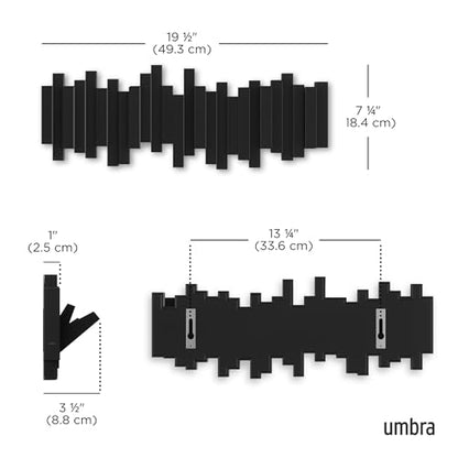 Umbra Sticks Wall Mount Coat Rack, 5 Hook Retractable Pegs, Black | Mounting hardware included, sculptural modern design, entryway or bedroom use, recycled plastic - color: Black, size: 5-Hook