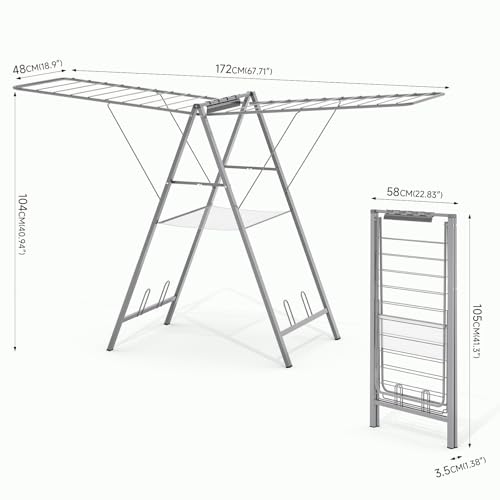 6 Height Adjustable Clothes Drying Rack with Shoe Slots, Grey | Pre-Assembled, Stable Load Structure, 22 Drying Rails, Foldable Space-Saving For Efficient Indoor & Outdoor Airflow Drying - color: Gray