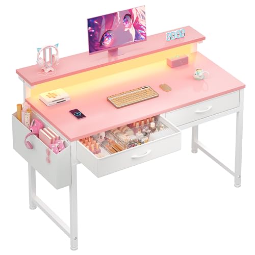 DurayLoly 31Inch Small Computer Desk with LED Lights & 2 Fabric Drawers | Gaming Desk with Side Pocket & Ergonomic Monitor Stand, Small Space Study Writing Table with Anti-Tip Design,Pink - color: Pink, size: 31.0 Inch