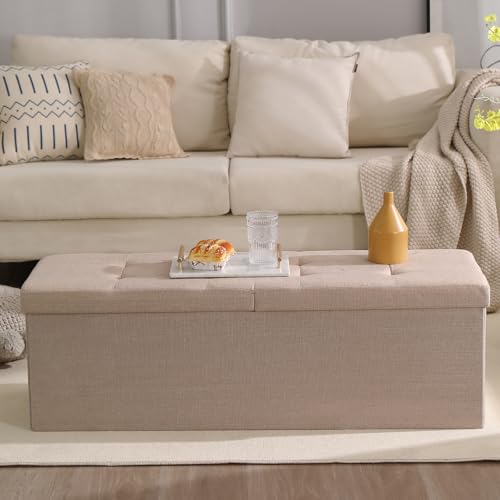 Storage Ottoman Bench Foldable Footrest Foot Stool, 45" Fabric Beige | Small Ottoman Foot Rest Seat Shoe Bench Flip-Top forliving Room End of Bed Bedroom Couch Dorm 166L Folding Upholstered Chair - color: Sandy Beige, size: 45.3" Flip