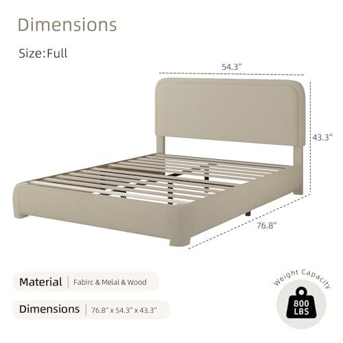 BarnFurin Full Bed Frame, Cloud Boucle Headboard, Rounded Corners, Beige | Soft boucle and rounded edges create a low-profile cloud look. Wooden slats support the mattress without a box spring - color: Beige, size: Full