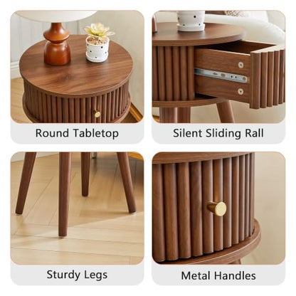 Round Fluted Side Table Set of 2, Small End Table with Fluted Drawer, Mid-Century Modern Wooden Bedside Table Round Nightstand Small Sofa Side Table for Living Room(Walnut) - color: Walnut, size: 15.7"D x 15.7"W x 23.6"H