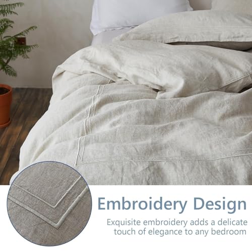 Simple&Opulence 100% Washed Linen Duvet Cover Set 78"x86" - 3 Pieces Soft Farmhouse Comforter Set Double Embroidered with Button Closure - 1 Duvet Cover and 2 Pillowshams (Linen, Full) - color: 2 Embroidery Linen, size: Full