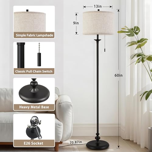 Luvkczc Black Floor Lamp, 60" Standing Lamp Tall Lamp with Fabric Lampshade&Pull Chain Corner Floor Lamps for Living Room, Bedroom & Office Bulbs Not Included - color: Black