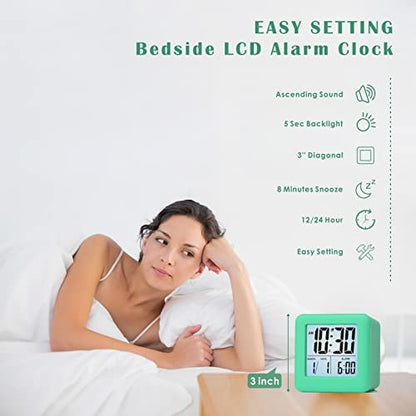 Plumeet Digital Alarm Clock Kids Clock with Snooze and White Nightlight - Easy Setting Travel Alarm Clocks Display Time, Date, Alarm - Ascending Sound - Battery Powered (Cyan) - color: Cyan