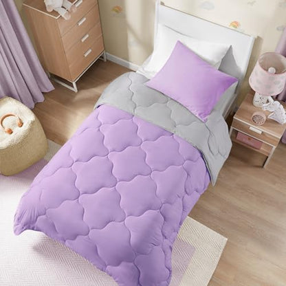 Comfort Spaces Vixie Reversible Comforter Set - Trendy Casual Geometric Quilted Cover, All Season Down Alternative Cozy Bedding, Matching Sham, Lavendar/Gray, Twin/Twin XL 2 piece | Down Alternative, All Season, Bedding for Bedroom, Geometric Pattern, Rev