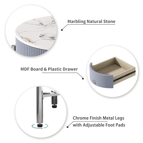 OIOG Nightstand with Drawer and Shelf, Marbling Natural Stone/Silver | Round Modern Side Table, Storage, Shelf, Chrome Finish Metal Legs, 2 Tier End Table, For Living Room, Bedroom, Office - color: Silver