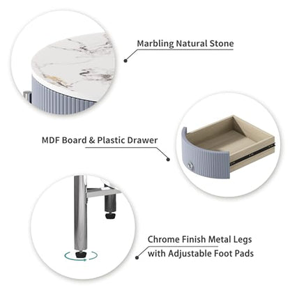 OIOG Nightstand with Drawer and Shelf, Marbling Natural Stone/Silver | Round Modern Side Table, Storage, Shelf, Chrome Finish Metal Legs, 2 Tier End Table, For Living Room, Bedroom, Office - color: Silver
