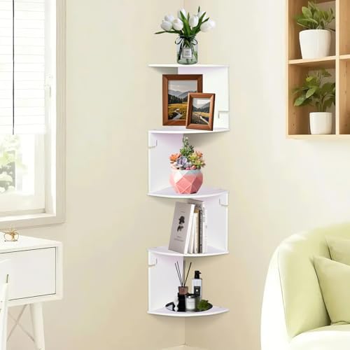 ShellKingdom Corner Shelf Wall Mount, 5 Tier Corner Bookshelf, Floating Display Shelves for Home, Living Room, Bedroom, Office, Bathroom, Small Spaces Decorations, 7.87 X 7.87 X 33.46 INCHES (White) - size: 5 Tier