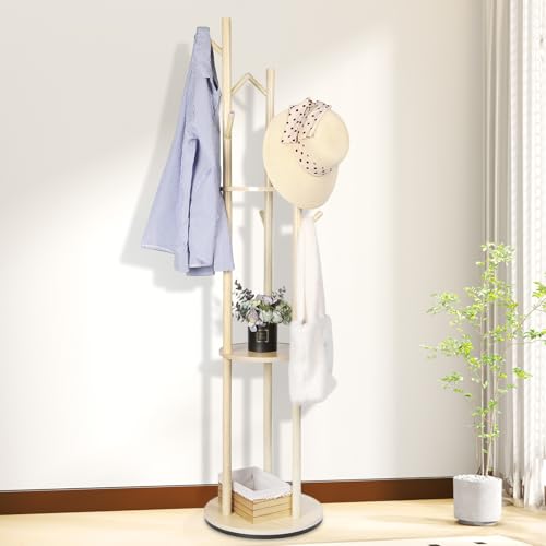Wood Coat Rack Freestanding Rotary Coat tree with 3 Shelves and 9 Hooks | Heavy Duty Coat Rack Coat Hanger Stand for Entryway, Bedroom, Living Room – Holds Jackets, Coats, Hats, Bags (Natural) - color: Natural